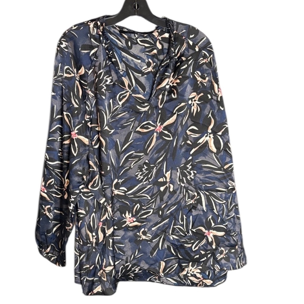 Tahari Navy Floral Print Women's Blouse 1X Legging length